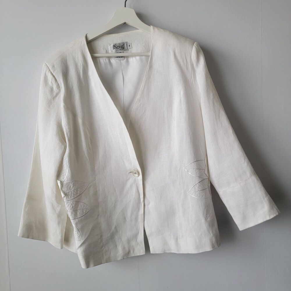 JSong collection womens‎ size 16 100% linen blazer 3/4 sleeves flower embroidery